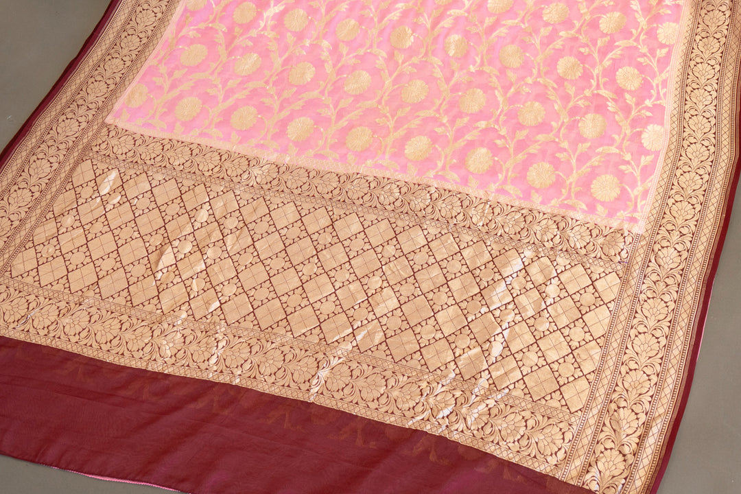 Pastel-Pink And Dark-Wine Banarasi Khaddi Georgette Saree And Blouse