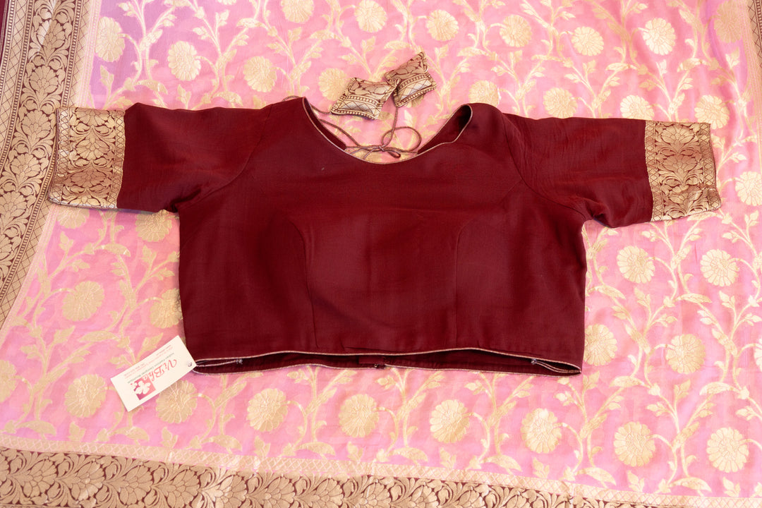 Pastel-Pink And Dark-Wine Banarasi Khaddi Georgette Saree And Blouse