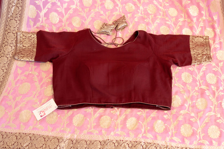 Pastel-Pink And Dark-Wine Banarasi Khaddi Georgette Saree And Blouse