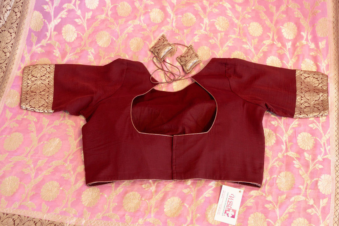 Pastel-Pink And Dark-Wine Banarasi Khaddi Georgette Saree And Blouse