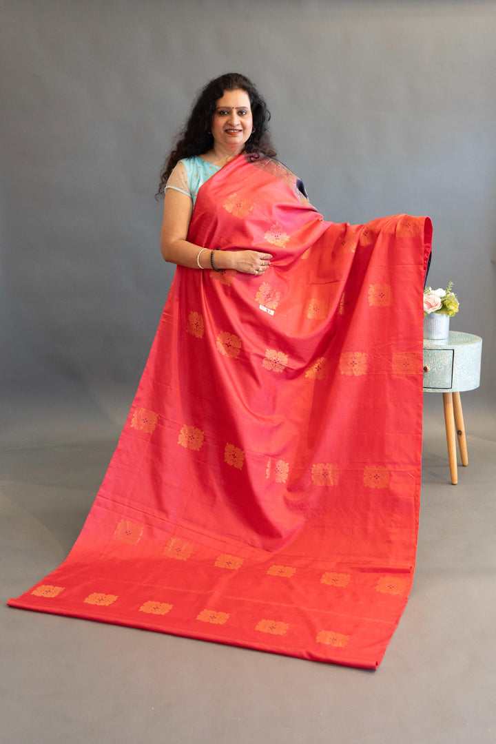 Dark-Pink And Navy-Blue Kanchi Soft-Silk Saree And Blouse