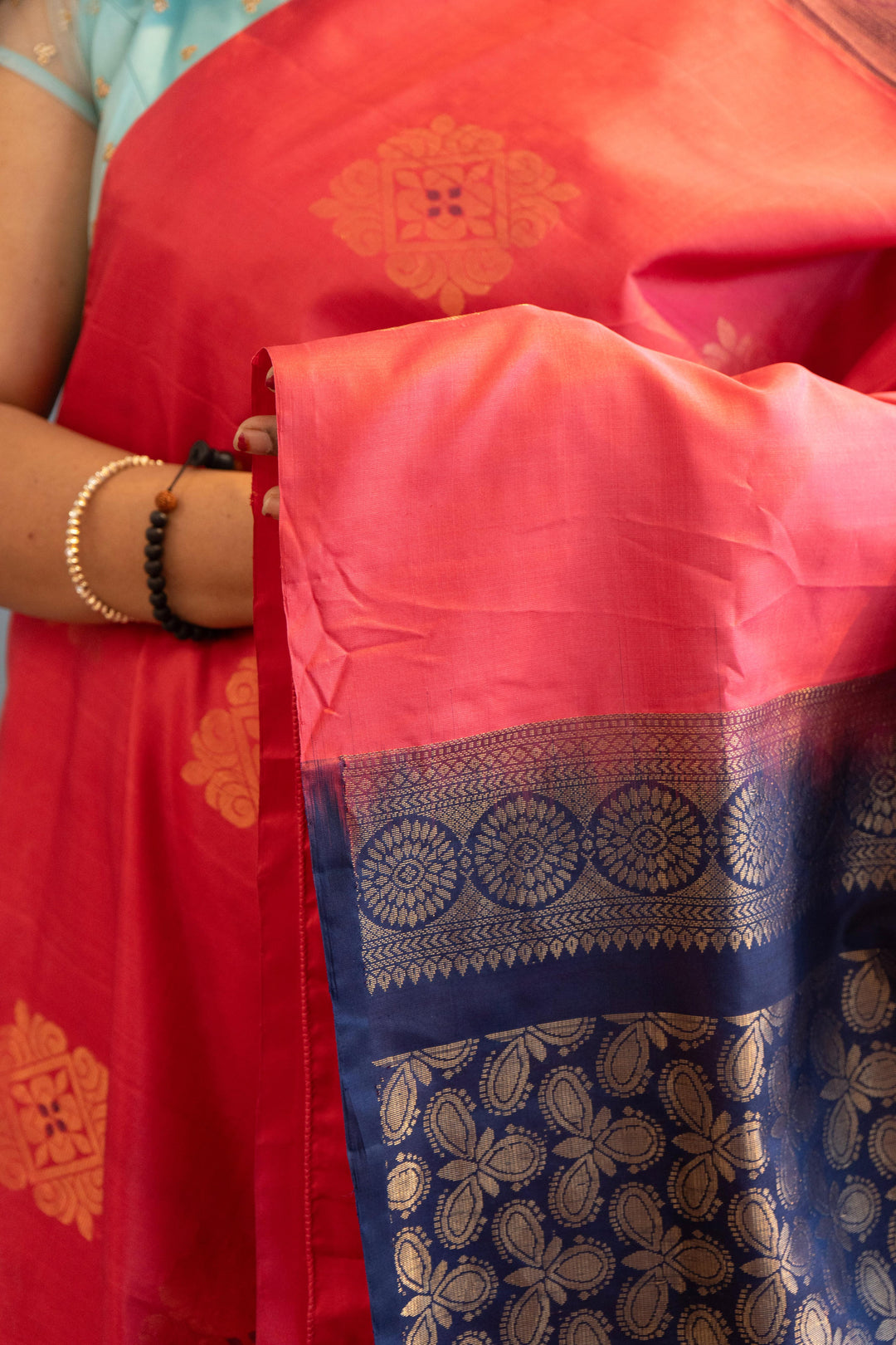 Dark-Pink And Navy-Blue Kanchi Soft-Silk Saree And Blouse