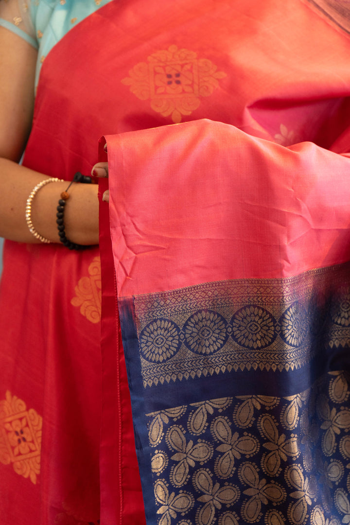 Dark-Pink And Navy-Blue Kanchi Soft-Silk Saree And Blouse