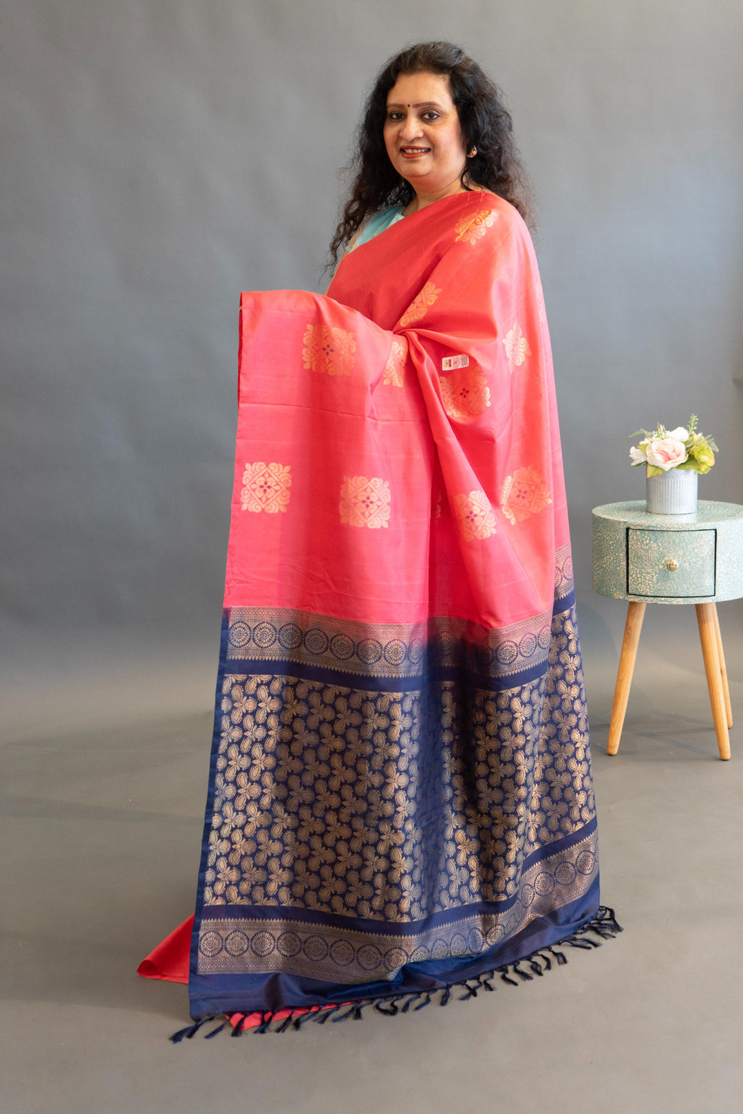 Dark-Pink And Navy-Blue Kanchi Soft-Silk Saree And Blouse
