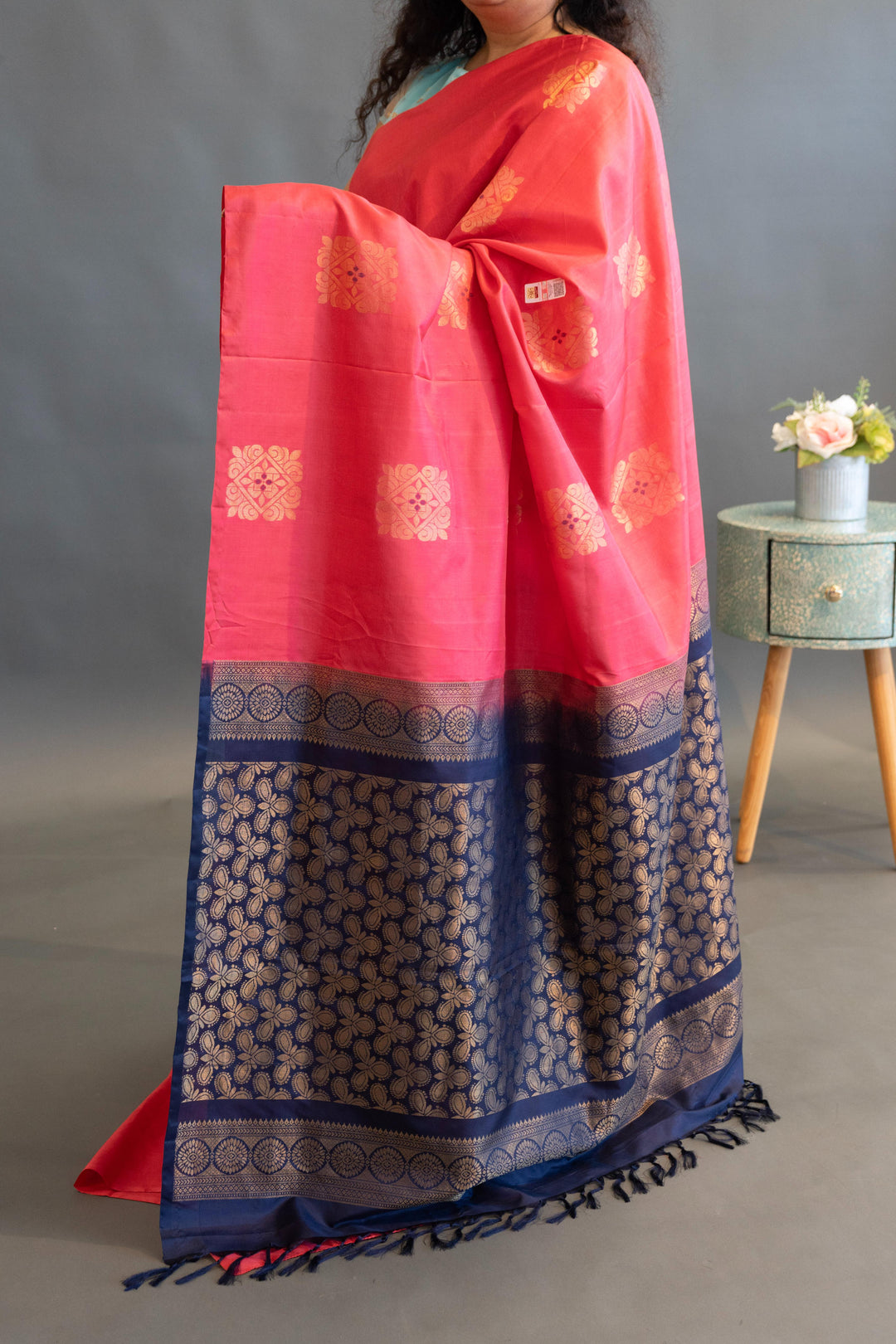 Dark-Pink And Navy-Blue Kanchi Soft-Silk Saree And Blouse