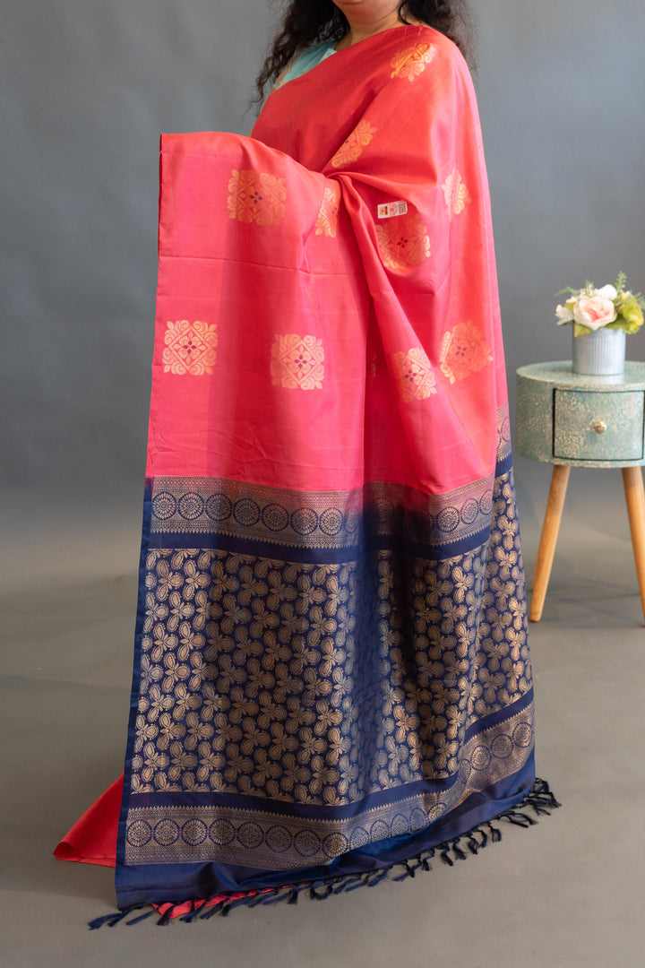 Dark-Pink And Navy-Blue Kanchi Soft-Silk Saree And Blouse