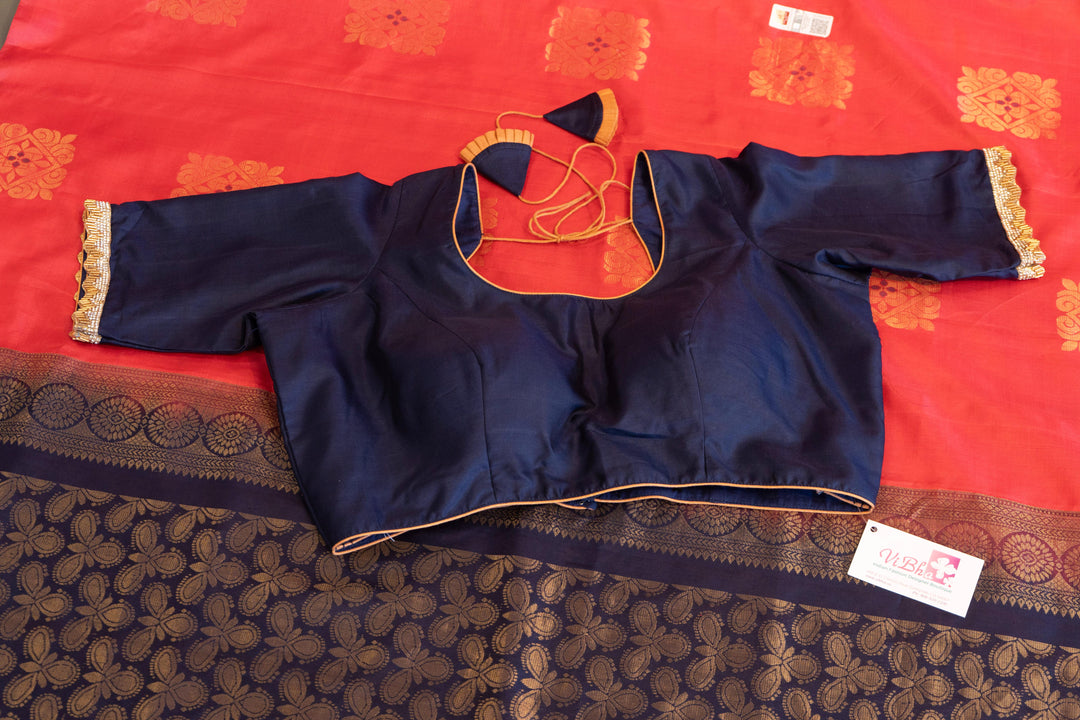 Dark-Pink And Navy-Blue Kanchi Soft-Silk Saree And Blouse