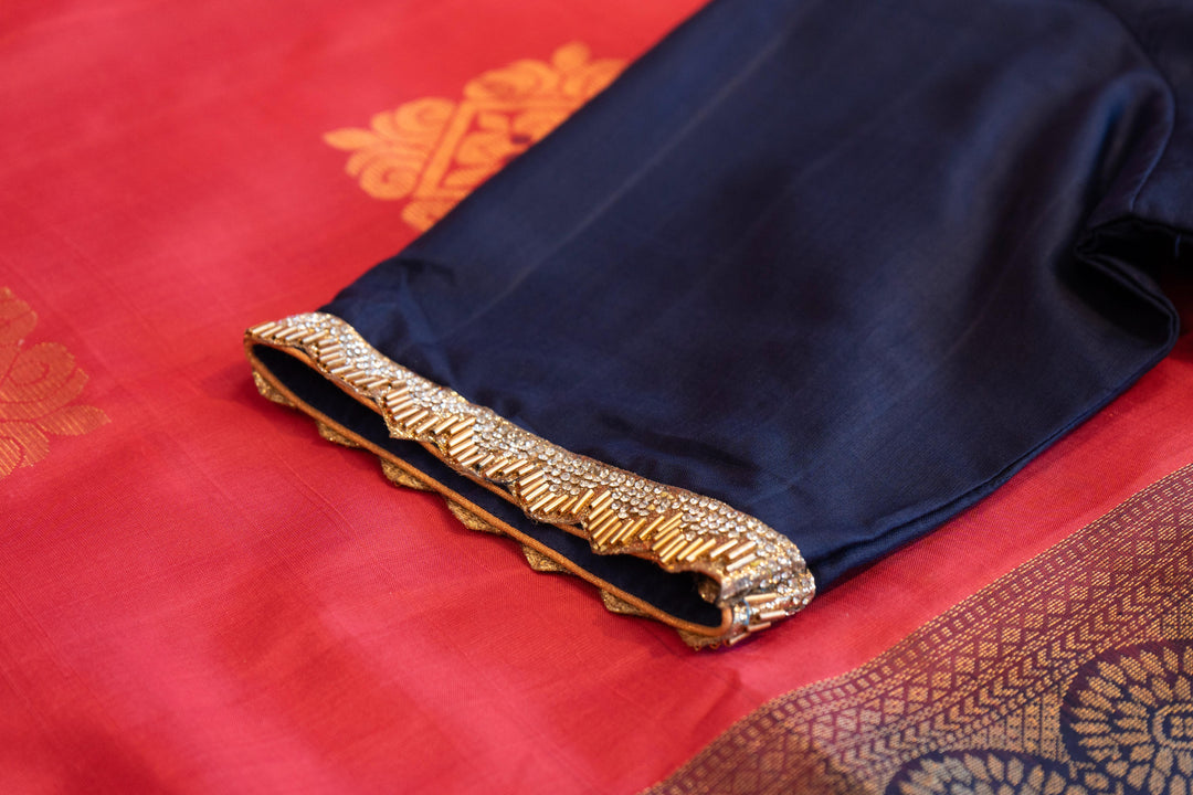 Dark-Pink And Navy-Blue Kanchi Soft-Silk Saree And Blouse