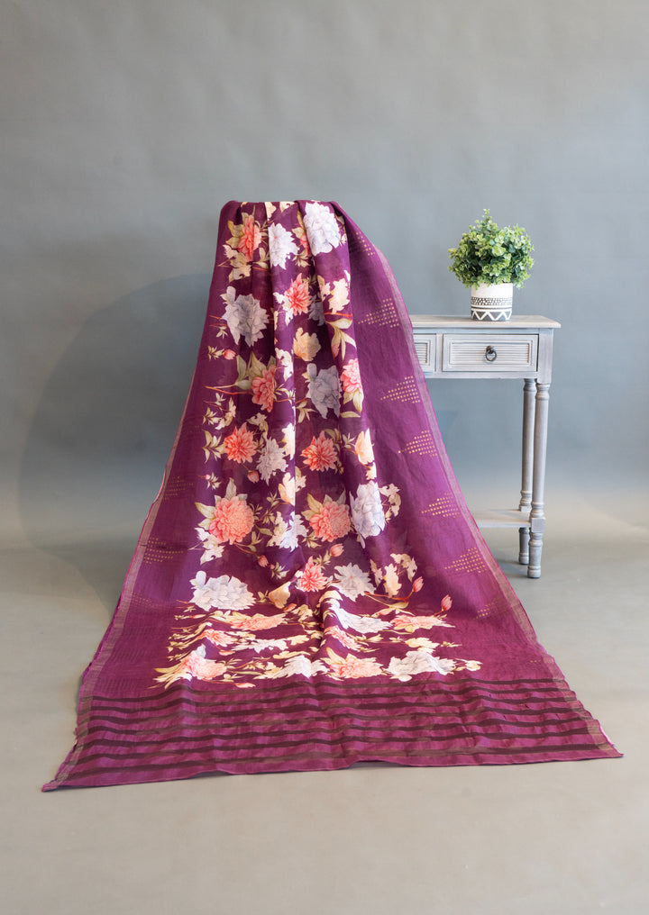 Plum Floral Print Banarasi Cora Saree And Blouse