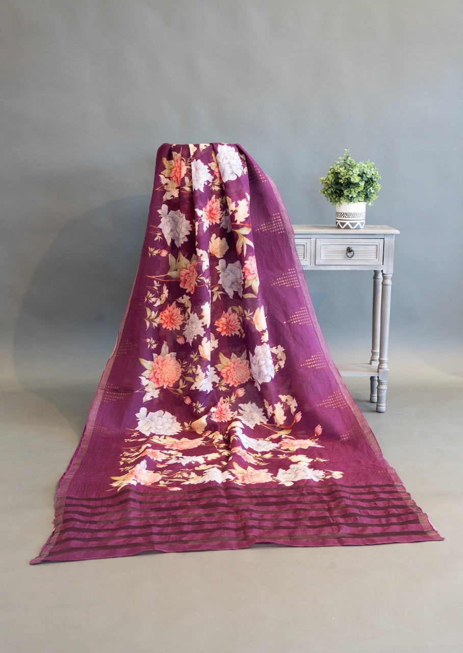 Plum  Floral Print Jute Tussar Silk Saree And Blouse