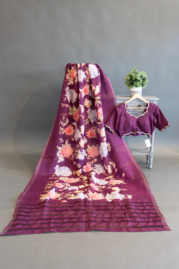 Plum Floral Print Banarasi Cora Saree And Blouse