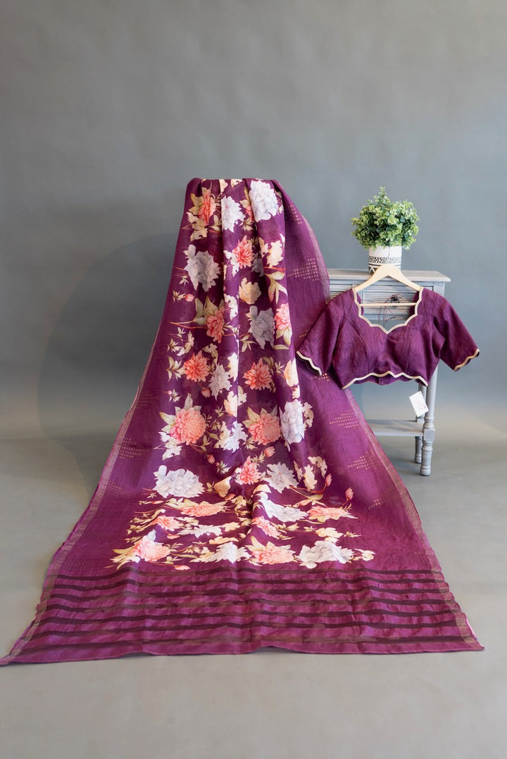 Plum  Floral Print Jute Tussar Silk Saree And Blouse