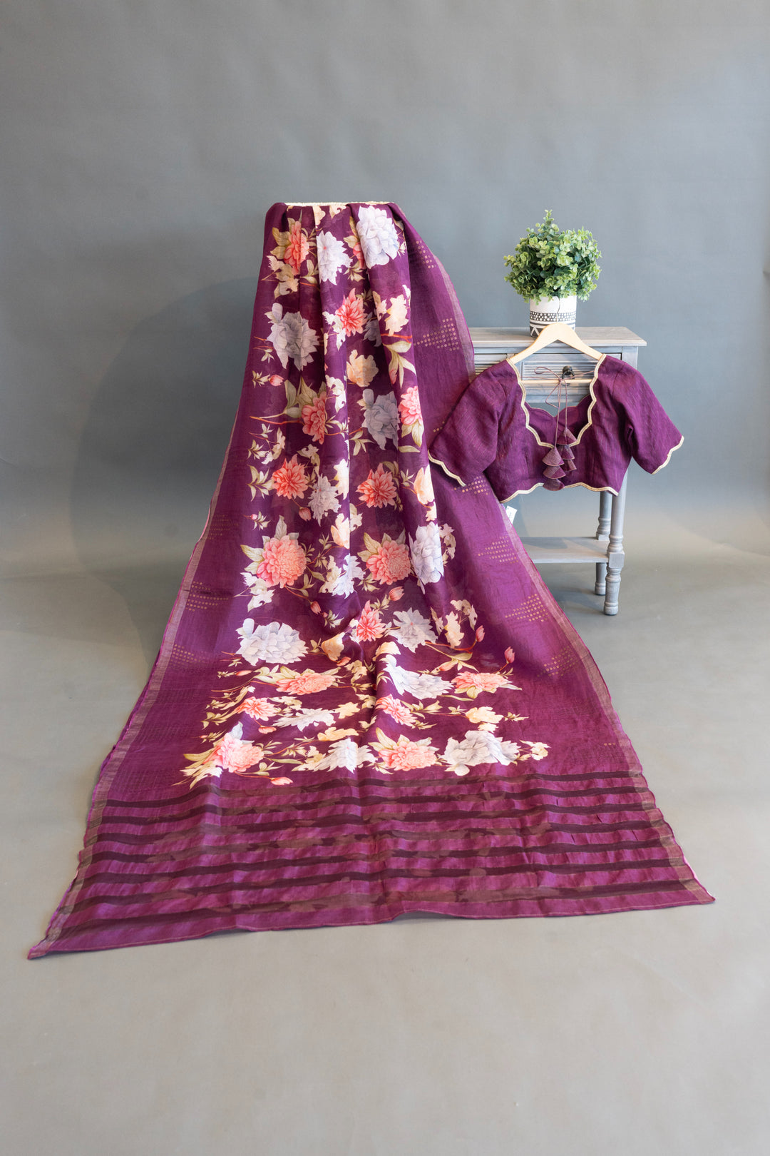 Plum Floral Print Banarasi Cora Saree And Blouse