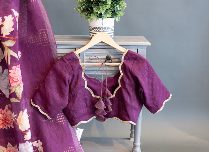 Plum Floral Print Banarasi Cora Saree And Blouse