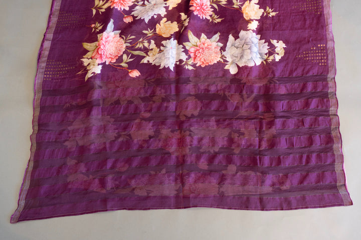 Plum Floral Print Banarasi Cora Saree And Blouse