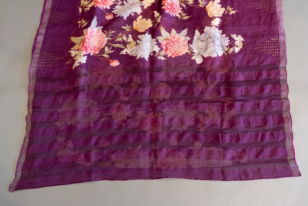 Plum  Floral Print Jute Tussar Silk Saree And Blouse