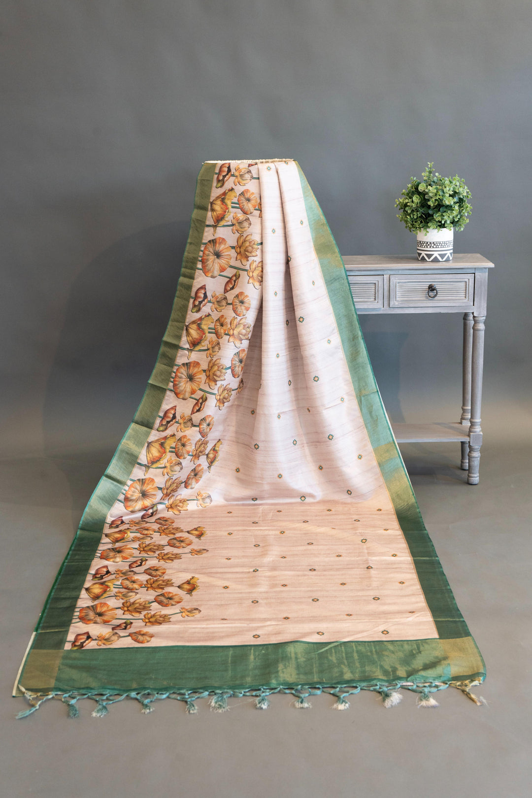 Cream And Green Tussar Silk Saree And Blouse With Floral Print