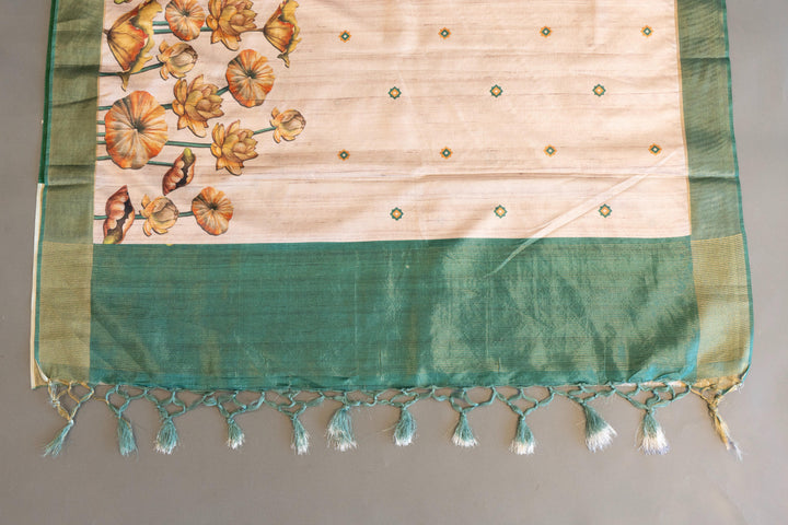 Cream And Green Tussar Silk Saree And Blouse With Floral Print