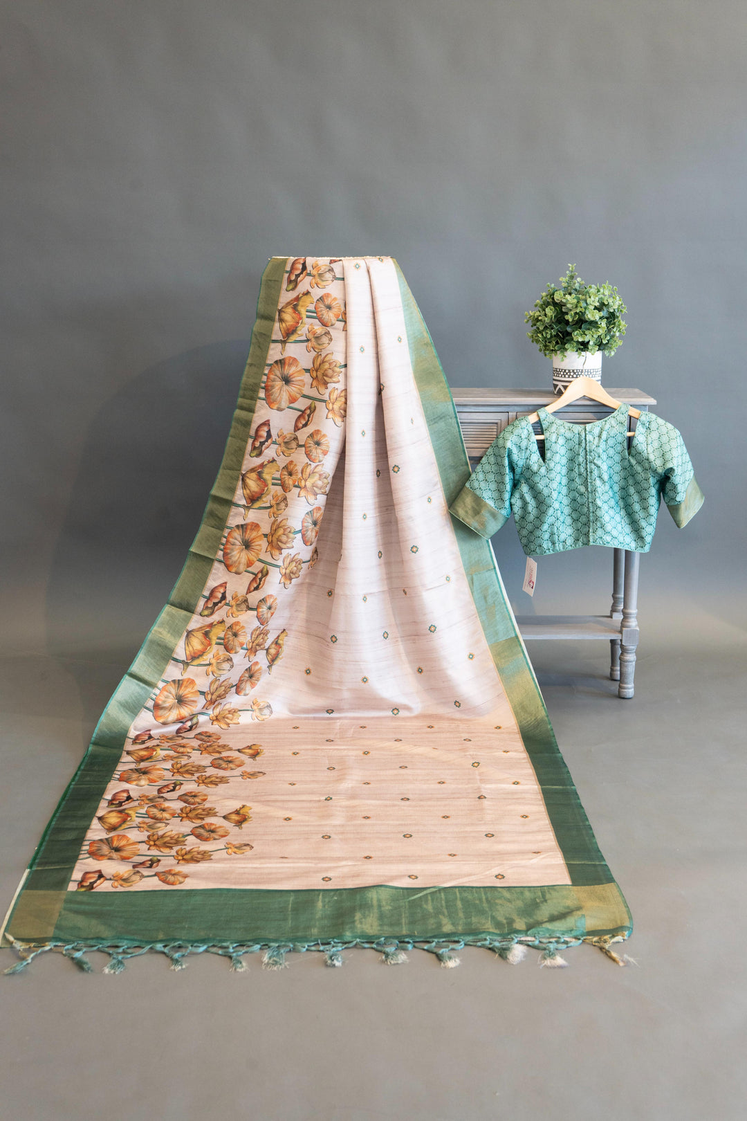 Cream And Green Tussar Silk Saree And Blouse With Floral Print