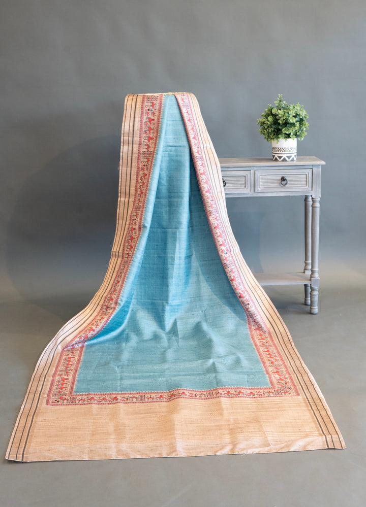 Sky Blue and Cream Tussar Silk Saree with Warli Print