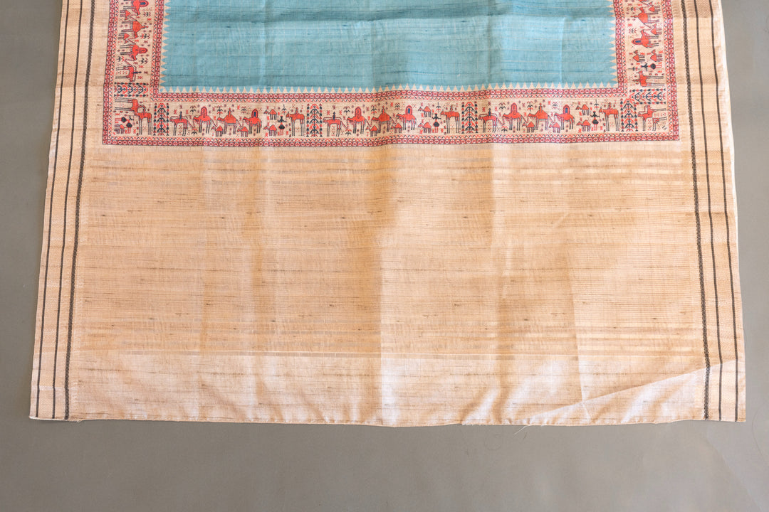 Sky Blue and Cream Tussar Silk Saree with Warli Print