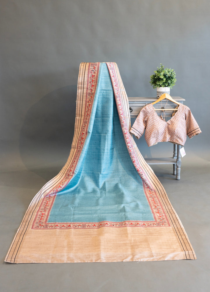 Sky Blue and Cream Tussar Silk Saree with Warli Print