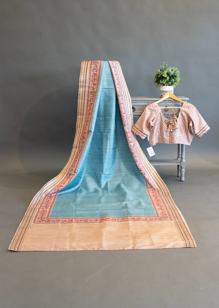 Sky Blue and Cream Tussar Silk Saree with Warli Print