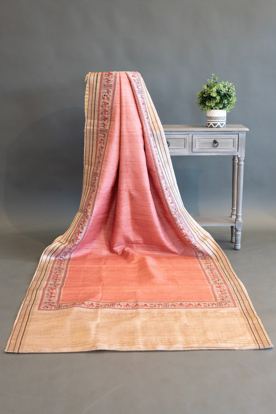 Peach Pink Tussar Silk Saree And Blouse With Warli Print Borders