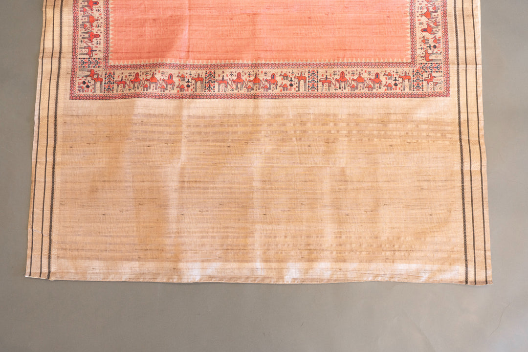 Peach Pink Tussar Silk Saree And Blouse With Warli Print Borders