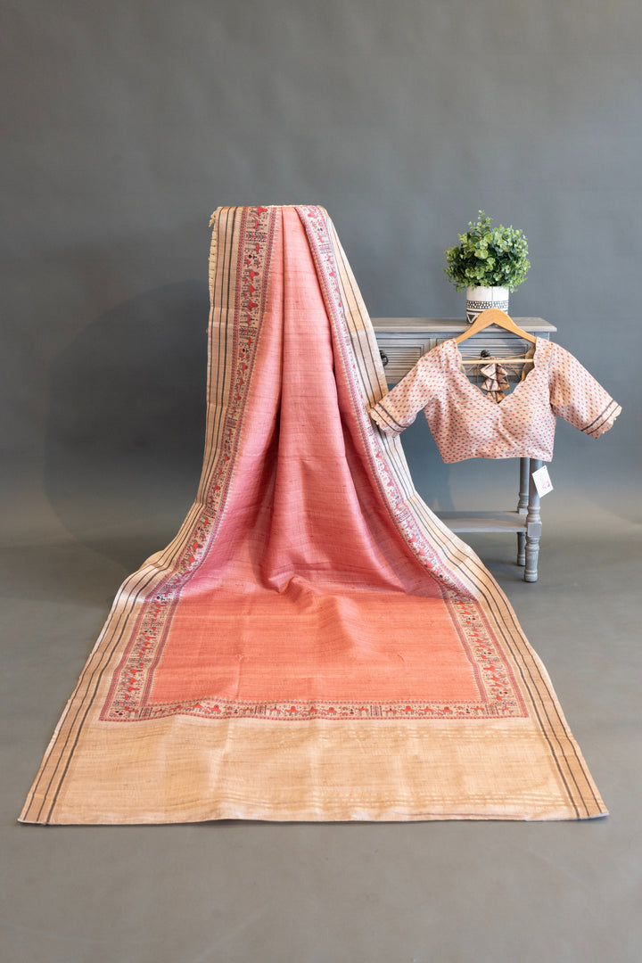 Peach Pink Tussar Silk Saree And Blouse With Warli Print Borders