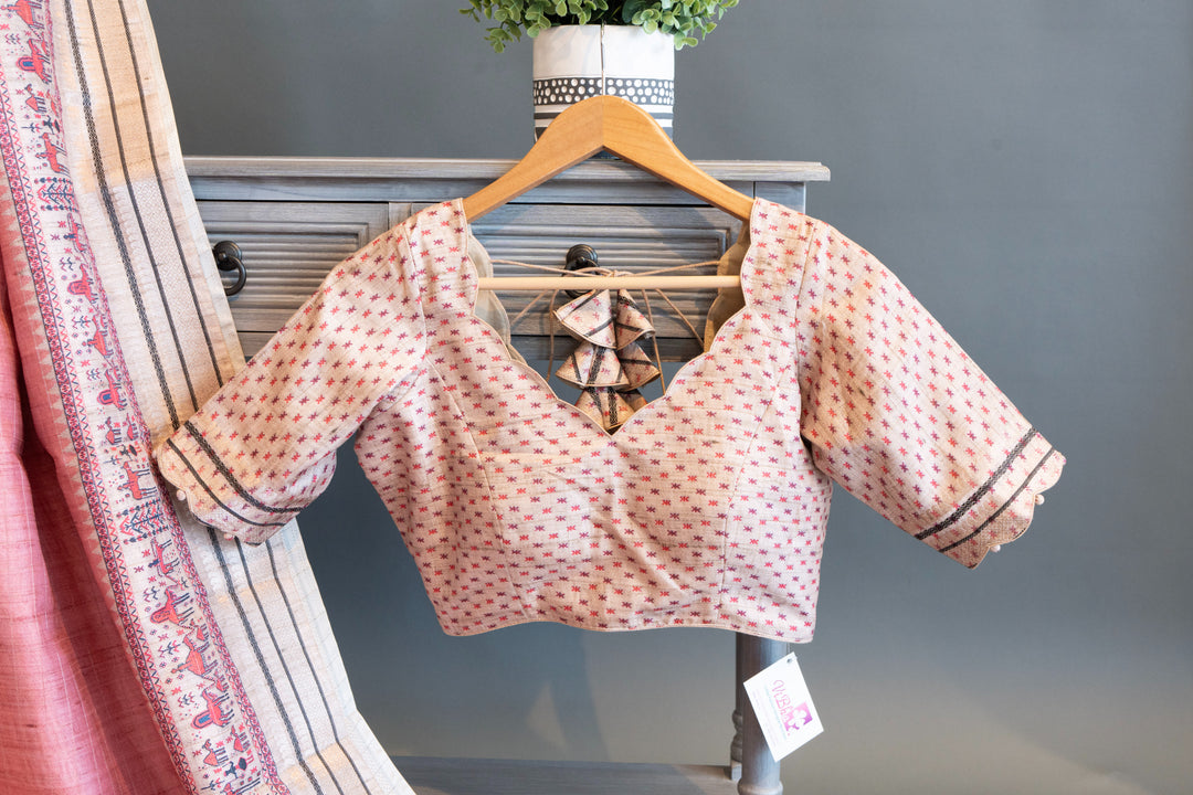 Peach Pink Tussar Silk Saree And Blouse With Warli Print Borders