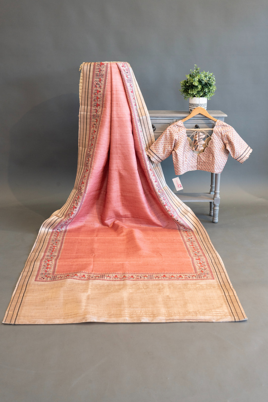 Peach Pink Tussar Silk Saree And Blouse With Warli Print Borders