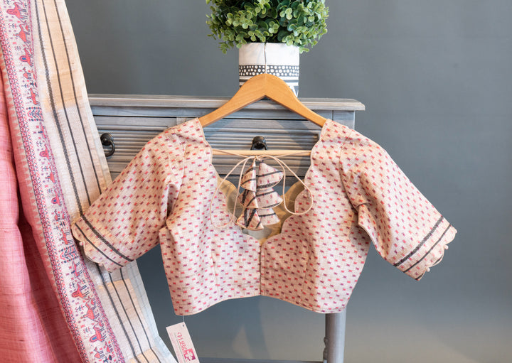 Peach Pink Tussar Silk Saree And Blouse With Warli Print Borders