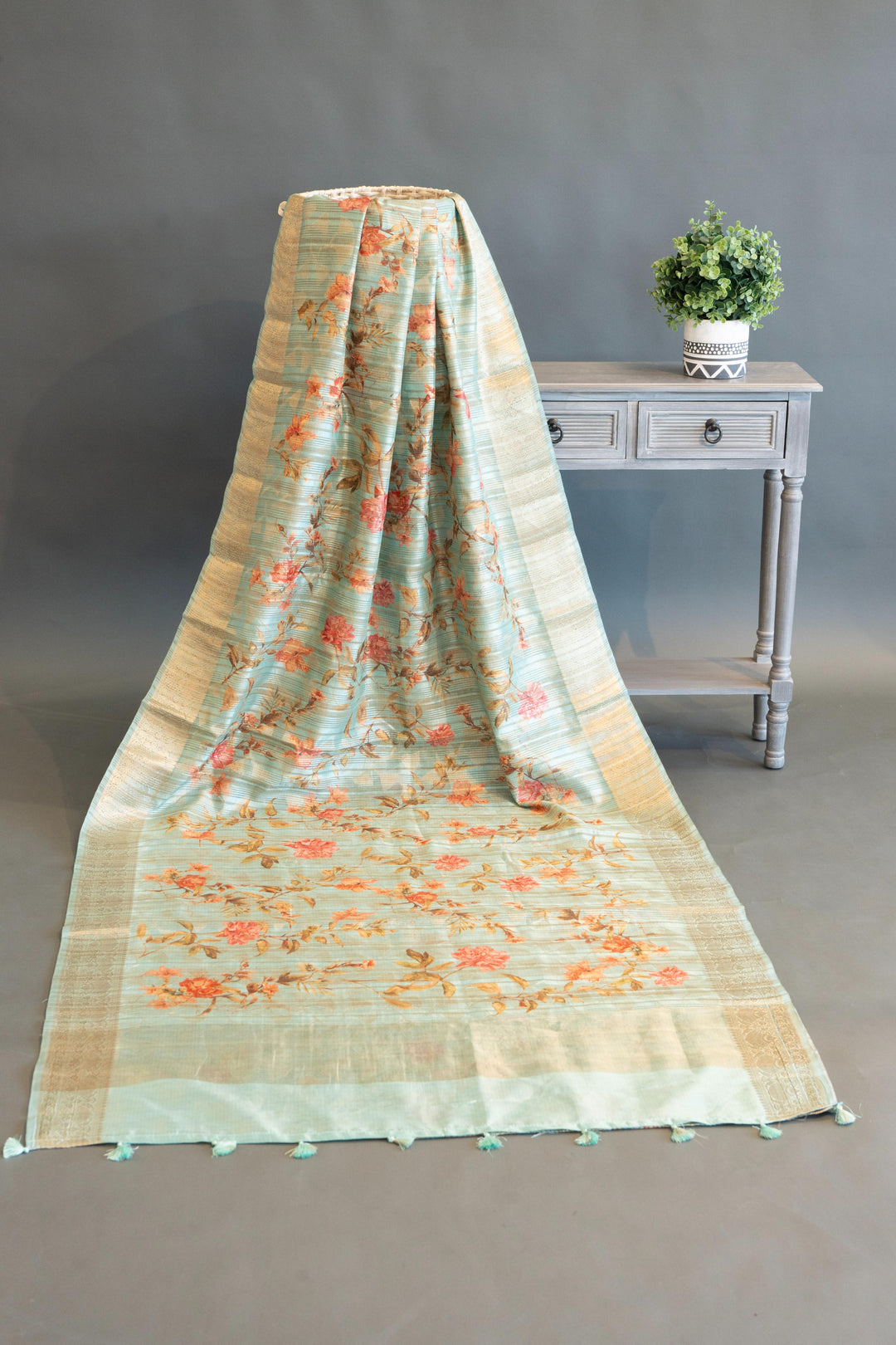 Pastel Mint Floral Print Banarasi Silk Saree And Blouse