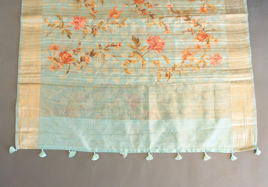 Pastel Mint Floral Print Banarasi Silk Saree And Blouse