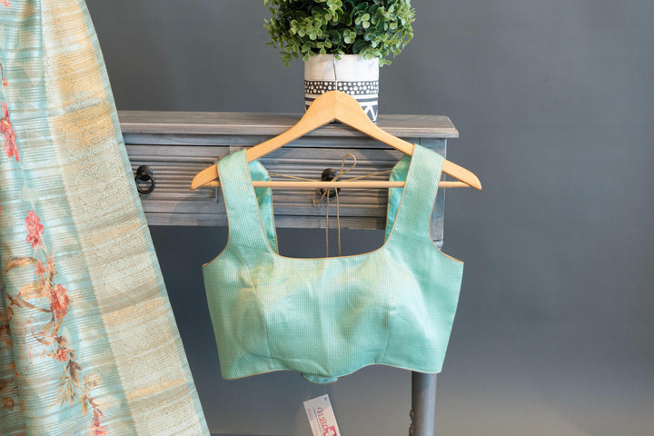 Pastel Mint Floral Print Banarasi Silk Saree And Blouse