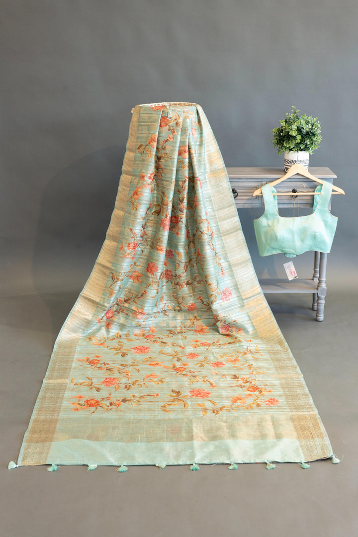 Pastel Mint Floral Print Banarasi Silk Saree And Blouse