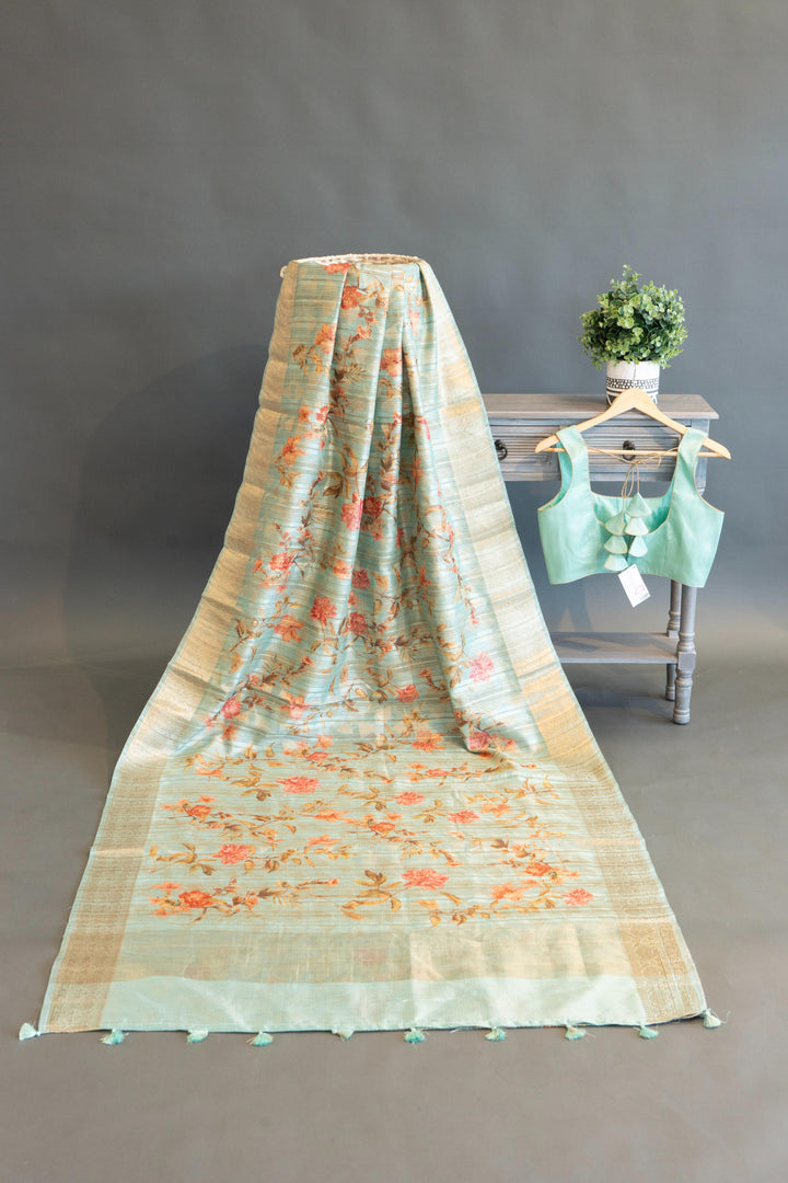Pastel Mint Floral Print Banarasi Silk Saree And Blouse