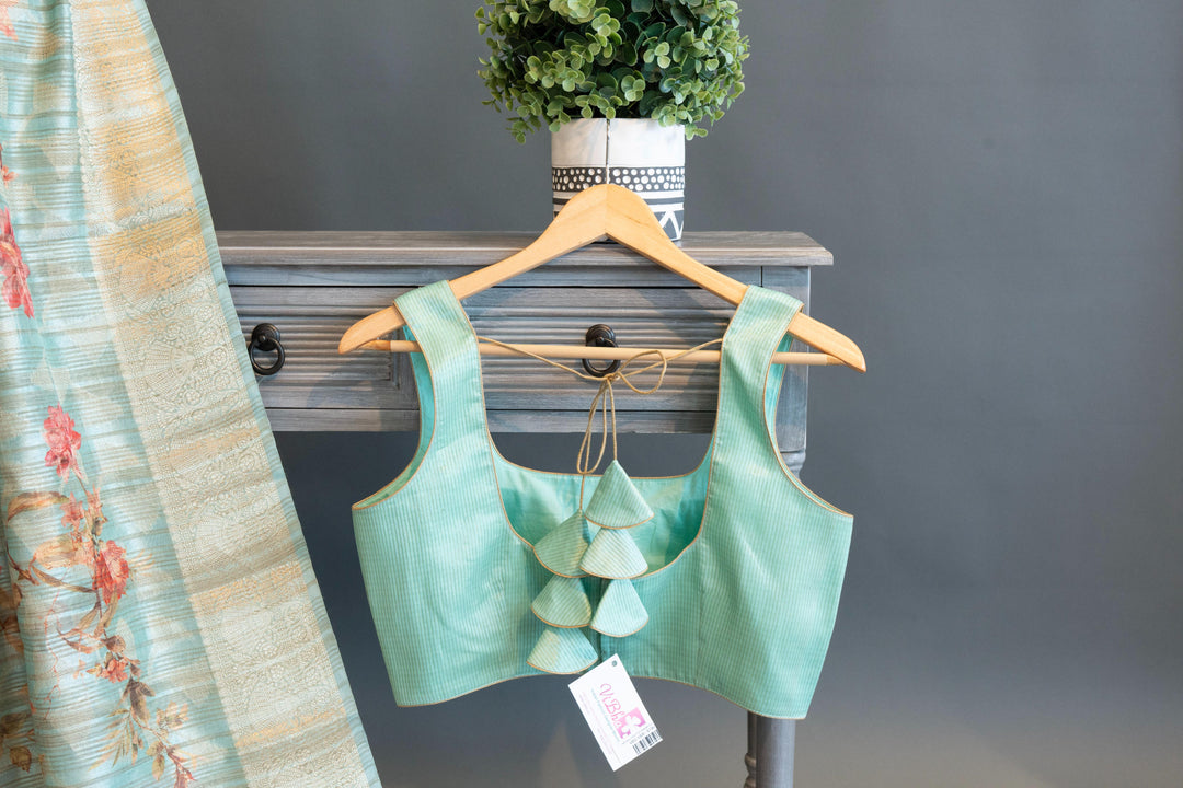 Pastel Mint Floral Print Banarasi Silk Saree And Blouse