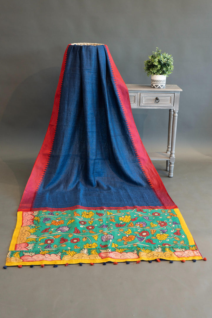 Blue And Red Lined Saree WIth Kalamkari Pallu And Blouse