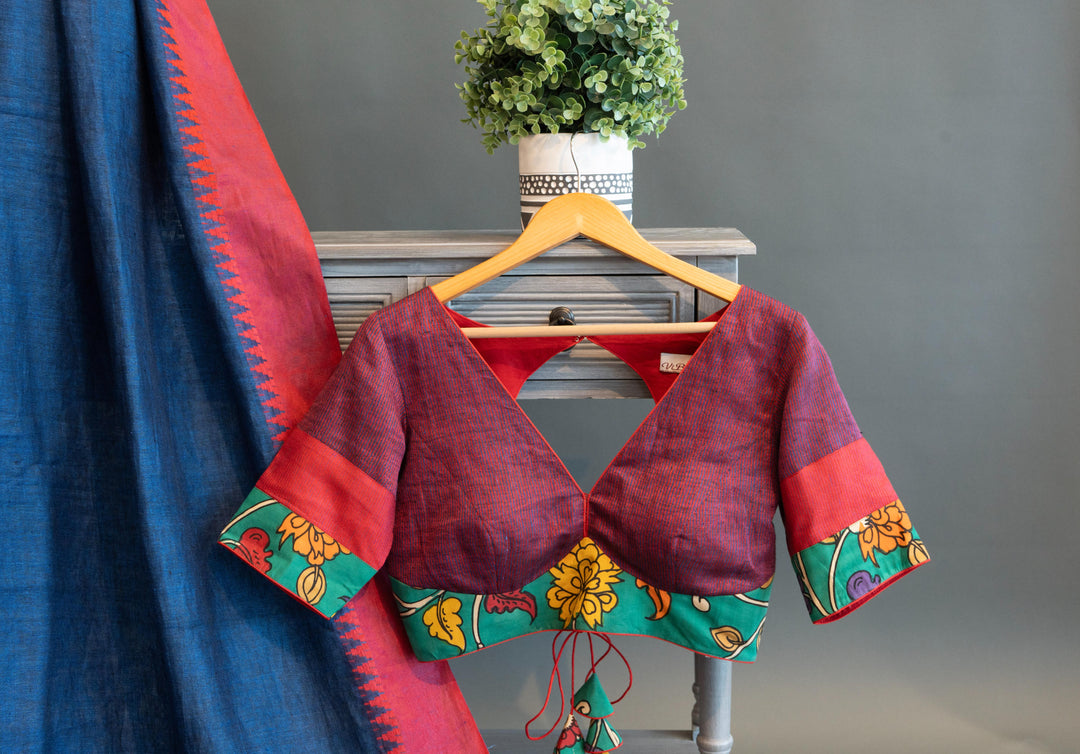 Blue And Red Lined Saree WIth Kalamkari Pallu And Blouse