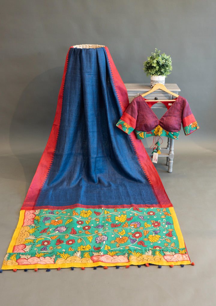 Blue And Red Lined Saree WIth Kalamkari Pallu And Blouse