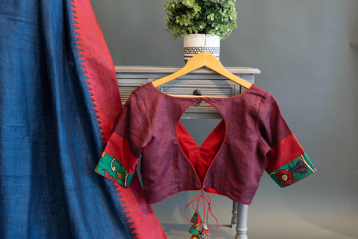 Blue And Red Lined Saree WIth Kalamkari Pallu And Blouse