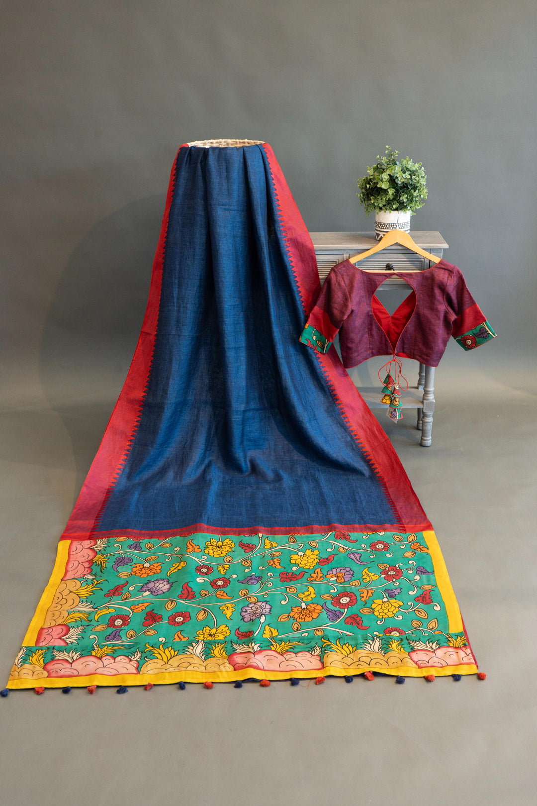 Blue And Red Lined Saree WIth Kalamkari Pallu And Blouse