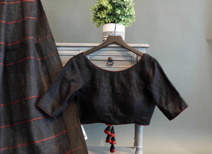 Black And Red Linen Saree And Blouse