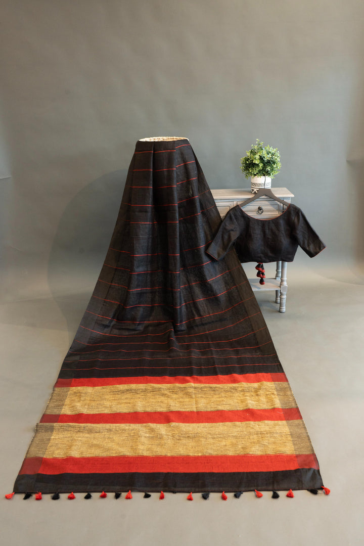 Black And Red Linen Saree And Blouse
