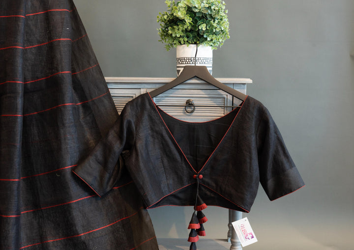 Black And Red Linen Saree And Blouse