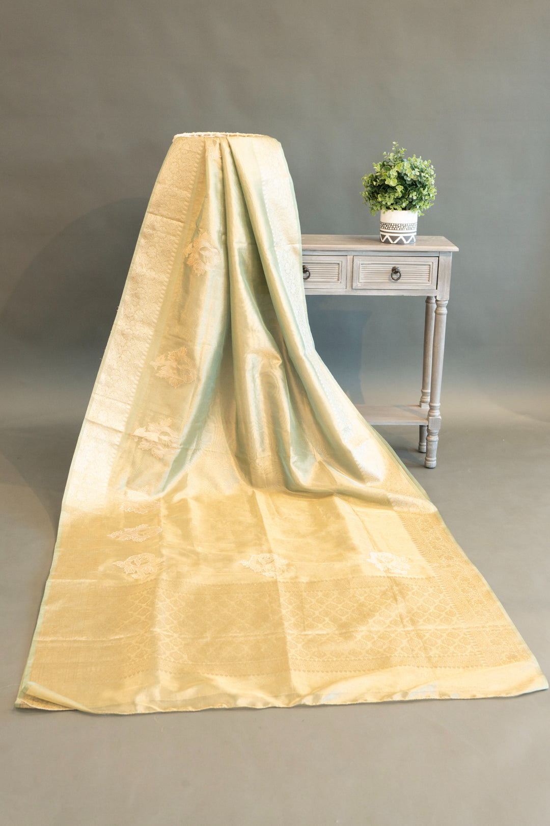 Sage Green Banarasi Tissue Saree and Blouse