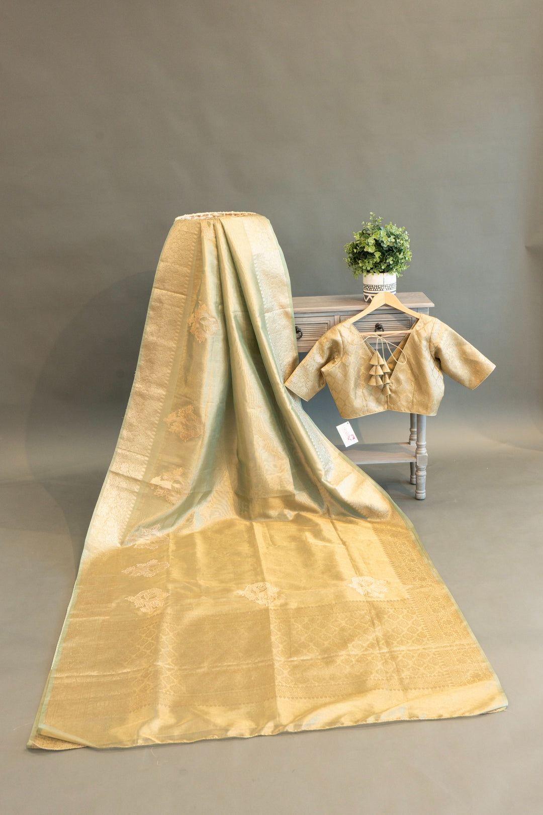 Sage Green Banarasi Tissue Saree and Blouse