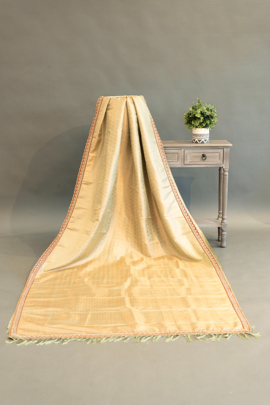 Pastel-Mint Kanchi Silk Saree With Antique-Zari And Deep-Maroon Embroidered Borders And Waist Belt